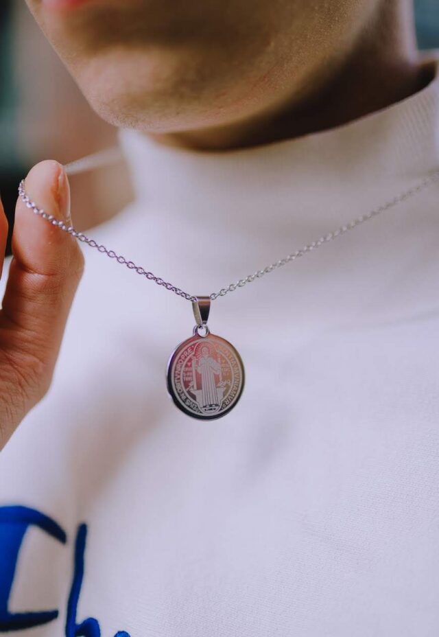 Silver Plated Double Sided St Benedict Pendant Necklace
