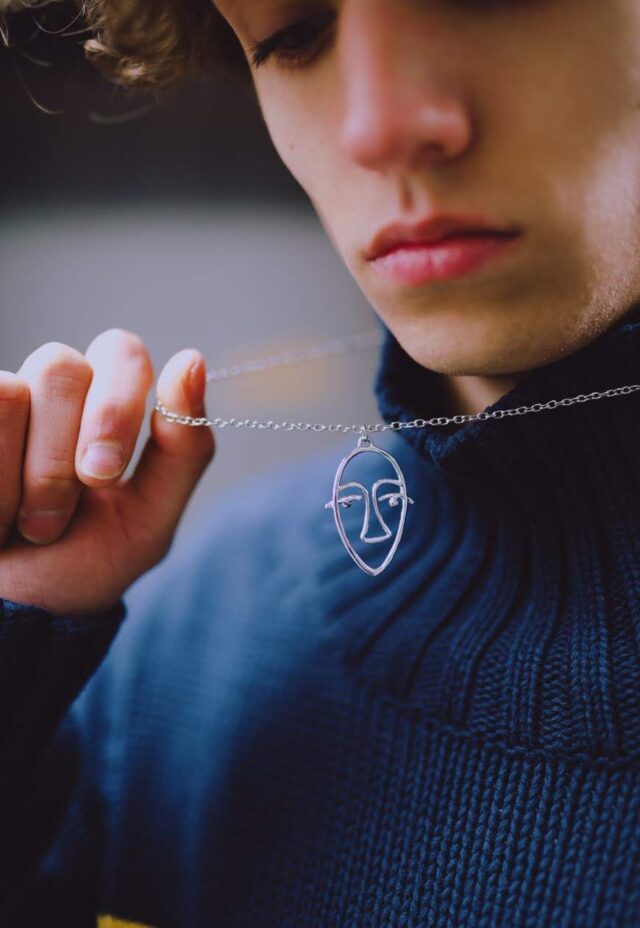 Silver Plated Artsy Illustrated Face Necklace