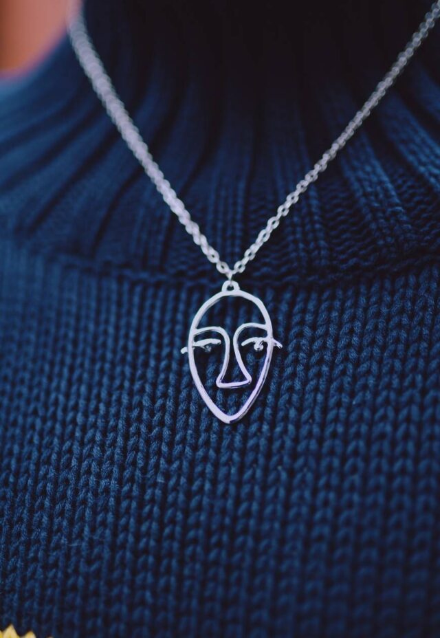 Silver Plated Artsy Illustrated Face Necklace