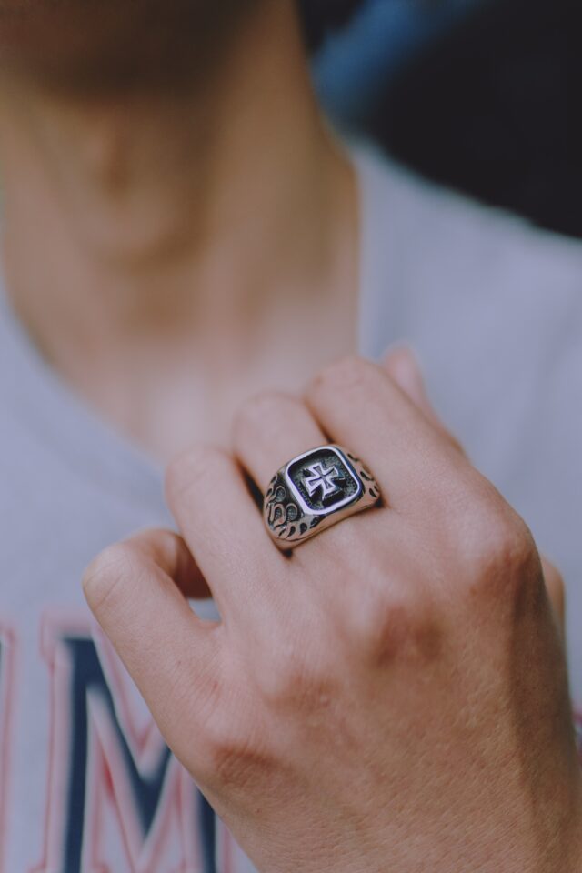Silver Plated X Black Cross Emblem Sovereign Style Ring