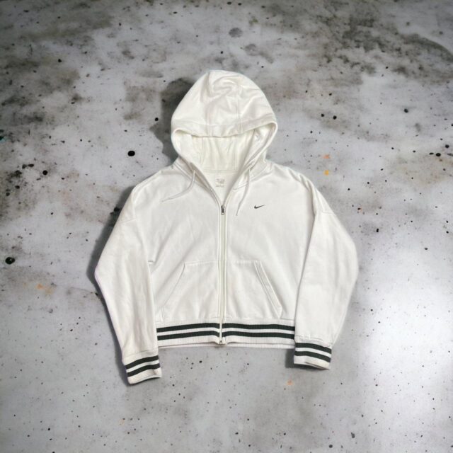 Vintage White x Navy Blue Nike Zip Up Hoodie - L