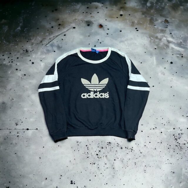 Y2K Adidas Embroidered Spell Out Black x Beige Sweatshirt - UK 12