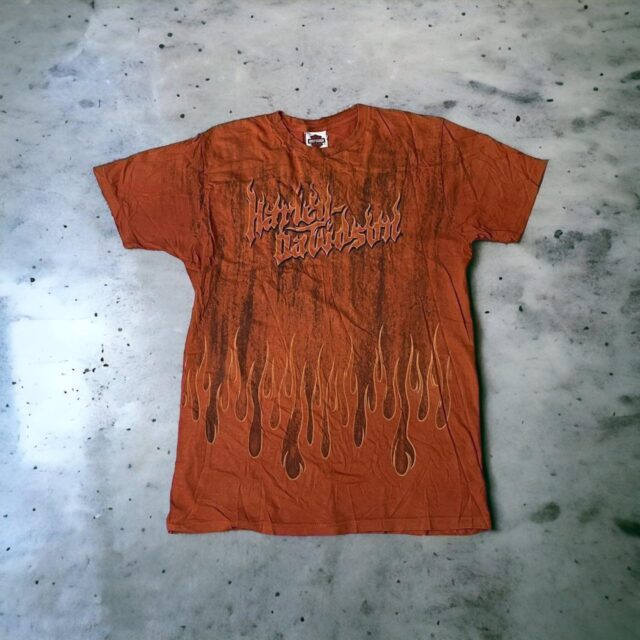 Men's Vintage Y2K Flame Print Harley Davidson Spell Out Tshirt - M