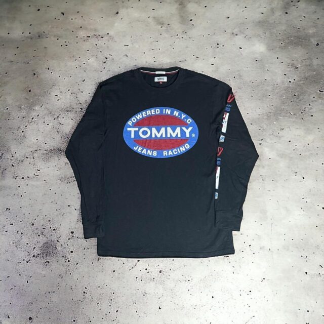 Men's Black Tommy Jeans Spell Out Long Sleeved Tshirt - L
