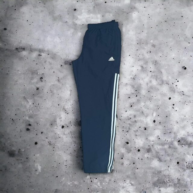 Men's Navy Blue x White Adidas Tracksuit Bottoms - L