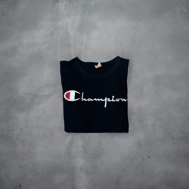 Men's Vintage Black Champion Embroidered Spell Out Tshirt - L