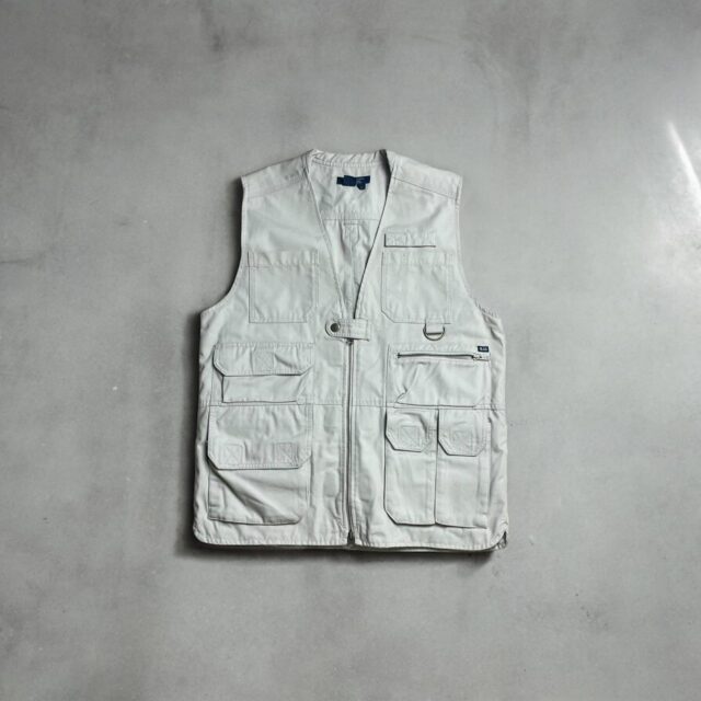 Mens Vintage Khaki Cargo Tactical Gilet Jacket - M