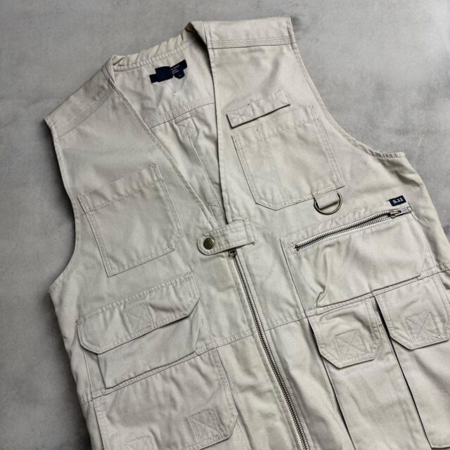 Mens Vintage Khaki Cargo Tactical Gilet Jacket - M