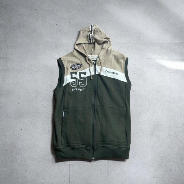 Y2K Mens Vintage Sleeveless Zip Up Crosshatch Hoodie - L