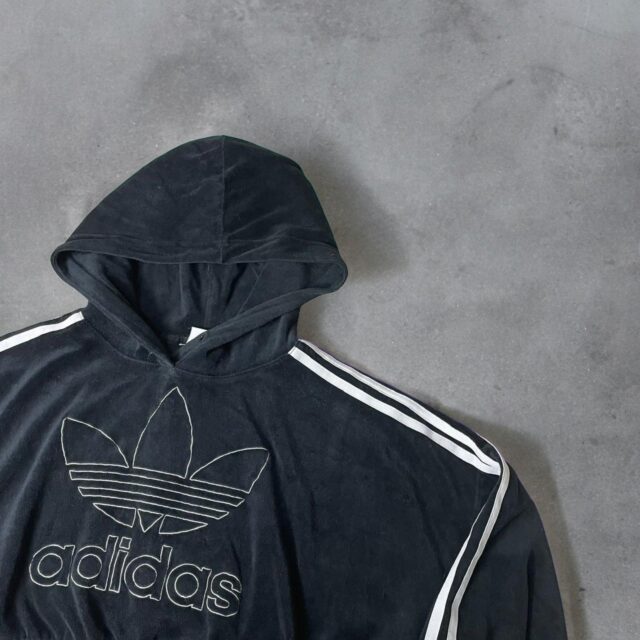 Ladies Black Velour Cropped Adidas Embroidered Spell Out Hoodie - S