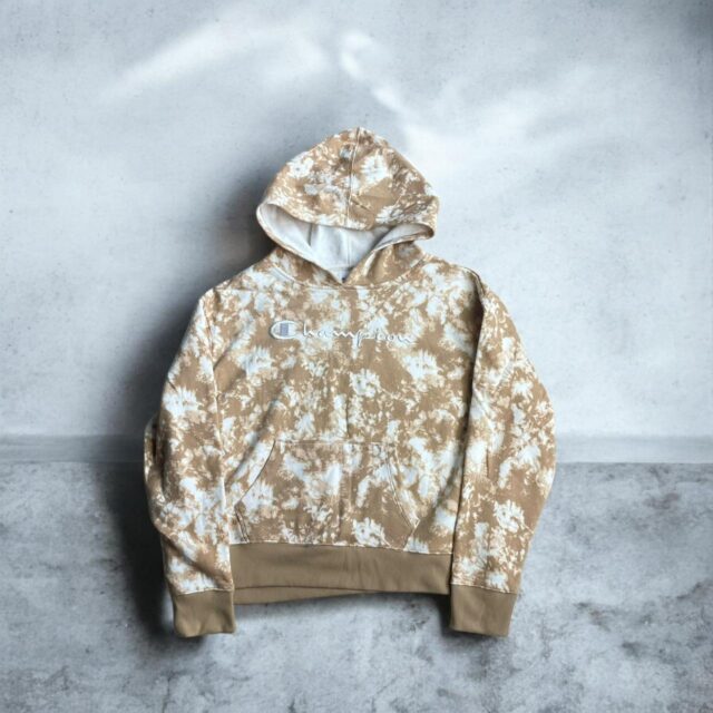 Ladies Beige Tie Dyed Champion Embroidered Spell Out Hoodie - L