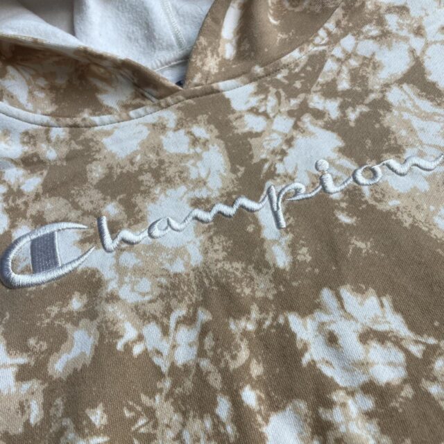 Ladies Beige Tie Dyed Champion Embroidered Spell Out Hoodie - L