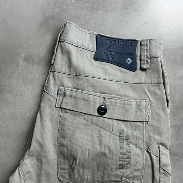 Mens Baggy Y2K G Funk Beige Denim Cargo Jeans - 34"